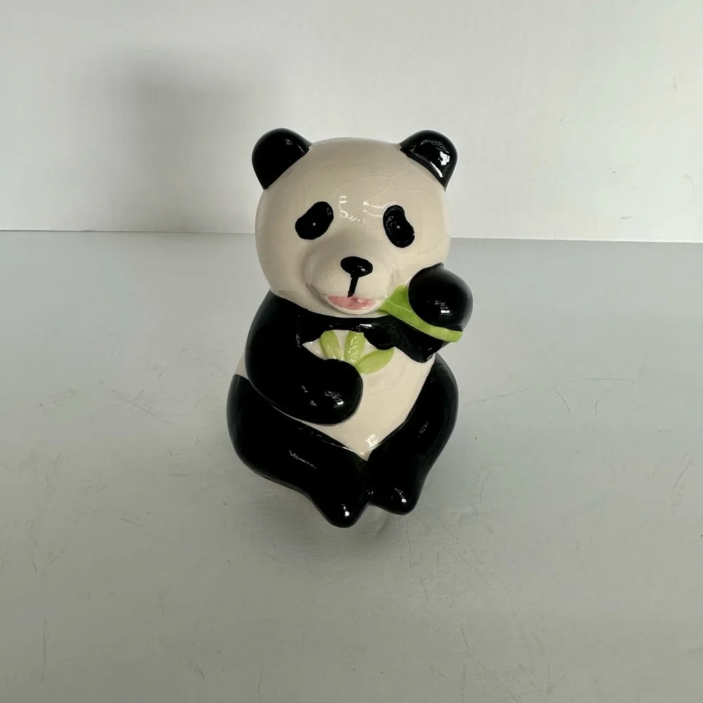 Daiso Panda Ceramic Sitting Bamboo Eating Piggy Bank Coin bank 4.5” h Figurine